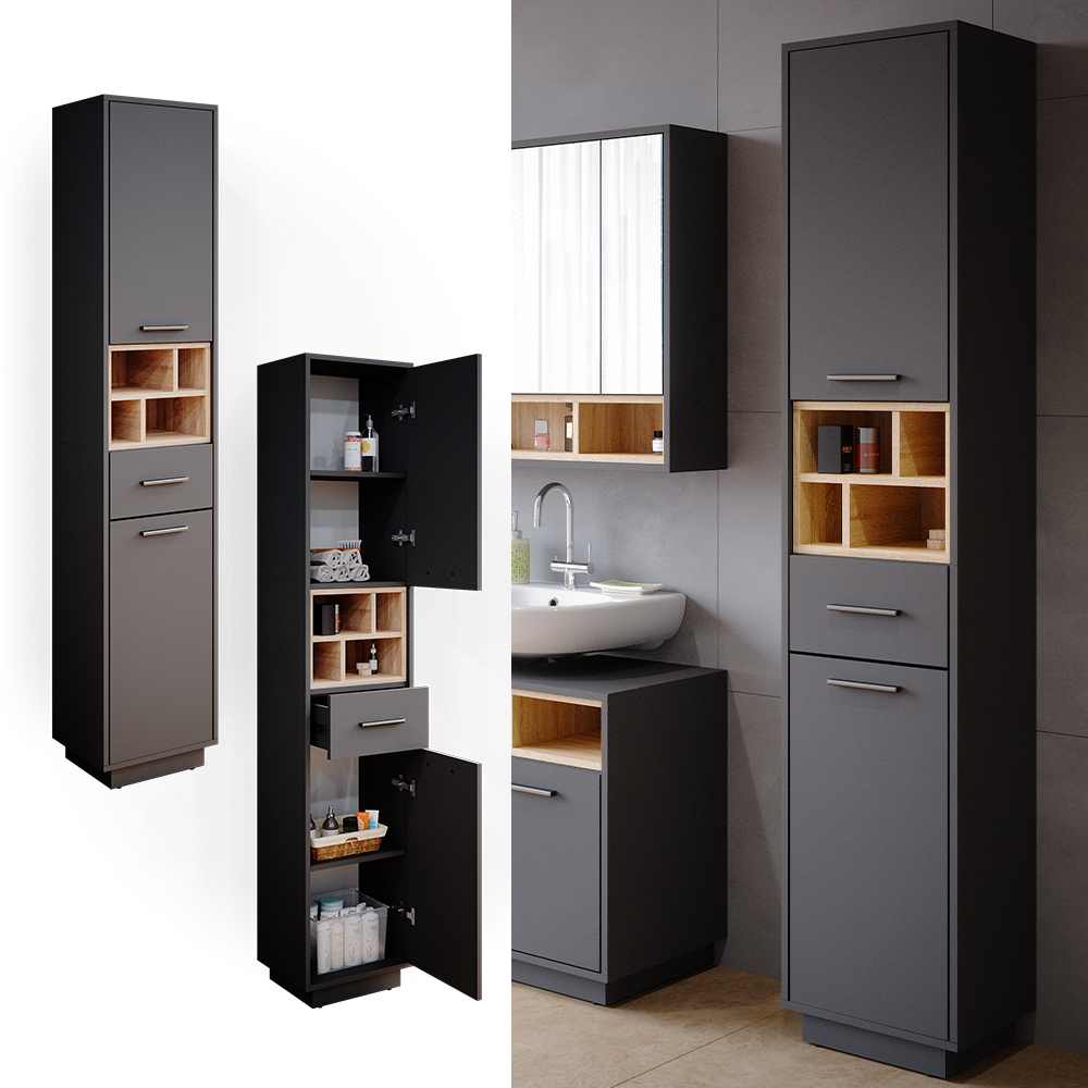 Meuble Haut Salle De Bain Beatrice - 38x190x30 Cm, Anthracite/Chêne | Panneau Mélamine, Étagères Et Tiroir, Rangement Optimal - 2