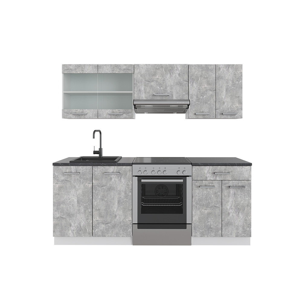 Küchenzeile "R-Line" Beton/Weiß 200 cm mit Arbeitsplatte Vicco