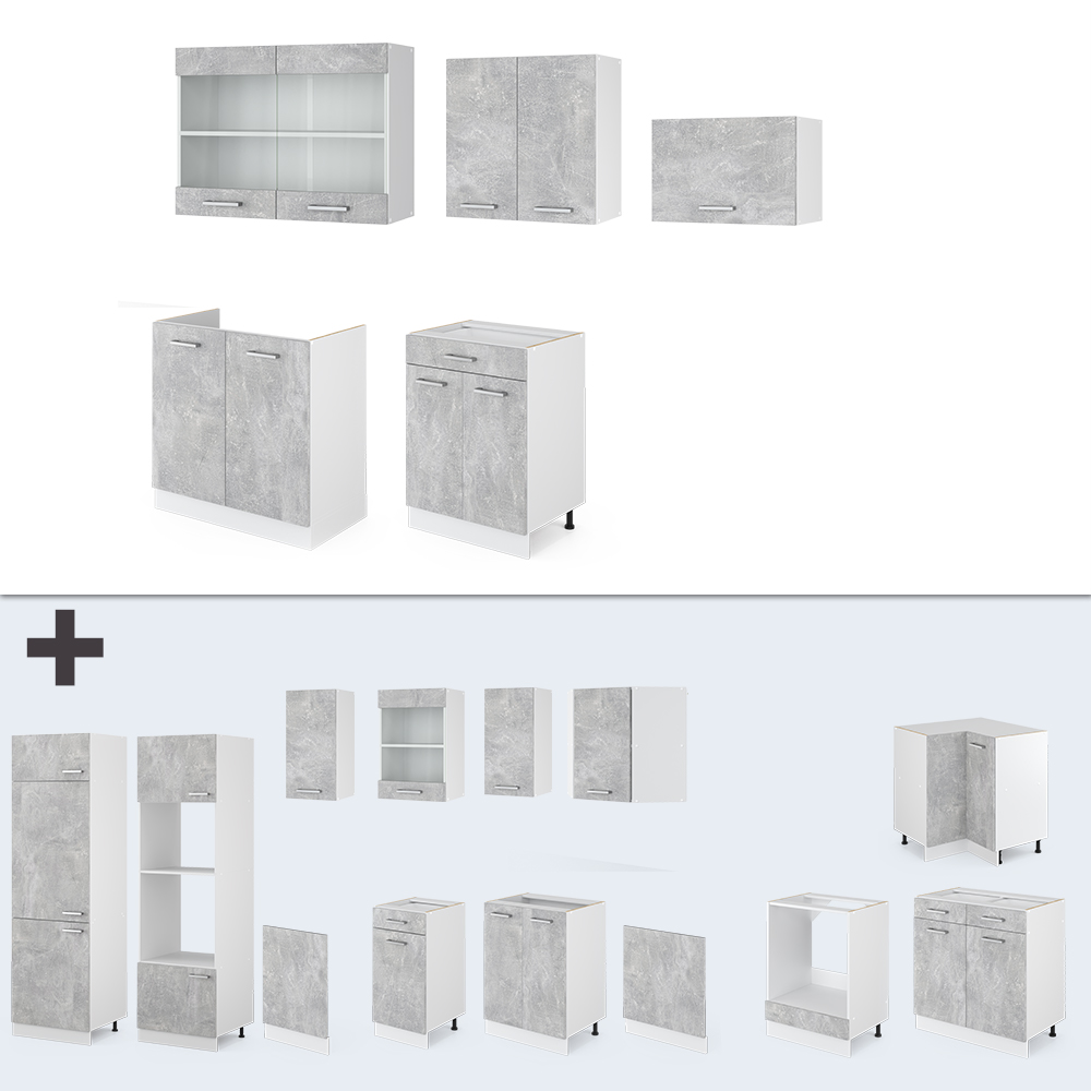 Küchenzeile "R-Line" Beton/Weiß 200 cm mit Arbeitsplatte Vicco