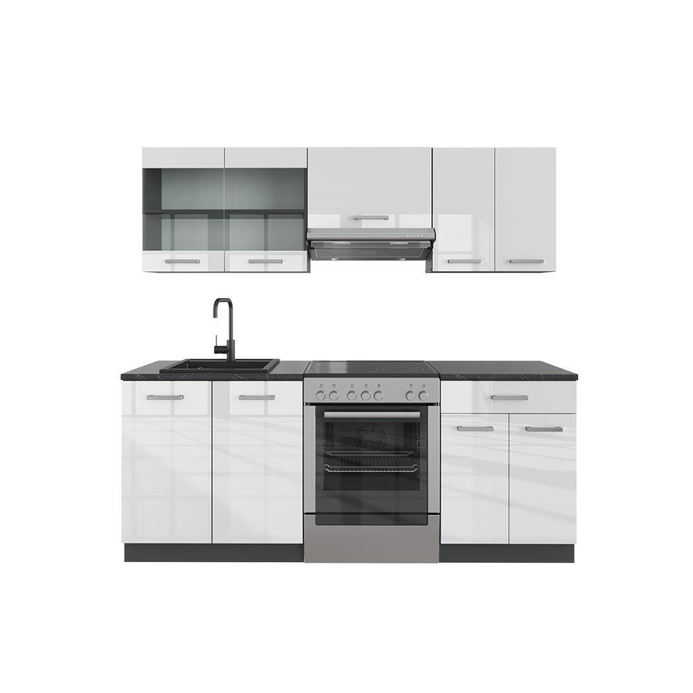 Küchenzeile "R-Line" Weiß Hochglanz/Anthrazit 200 cm ohne Arbeitsplatte Vicco