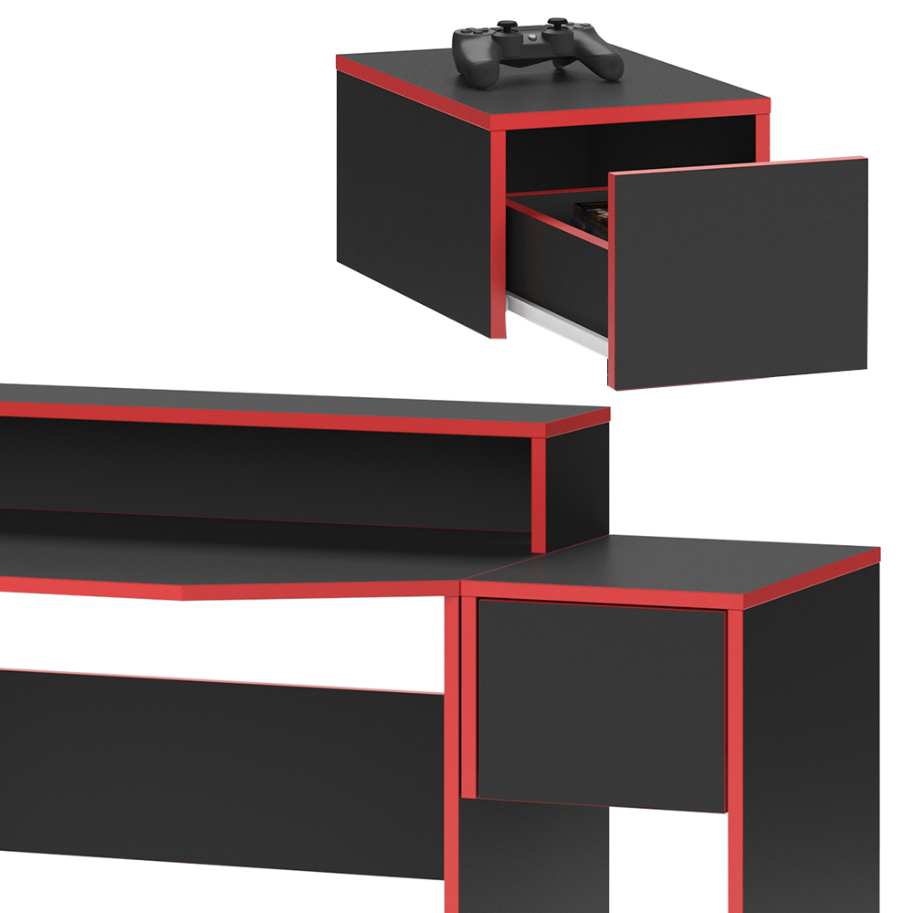 Igralna miza "Kron", Rdeča/Črna, 130 x 60 cm z omarico, Vicco