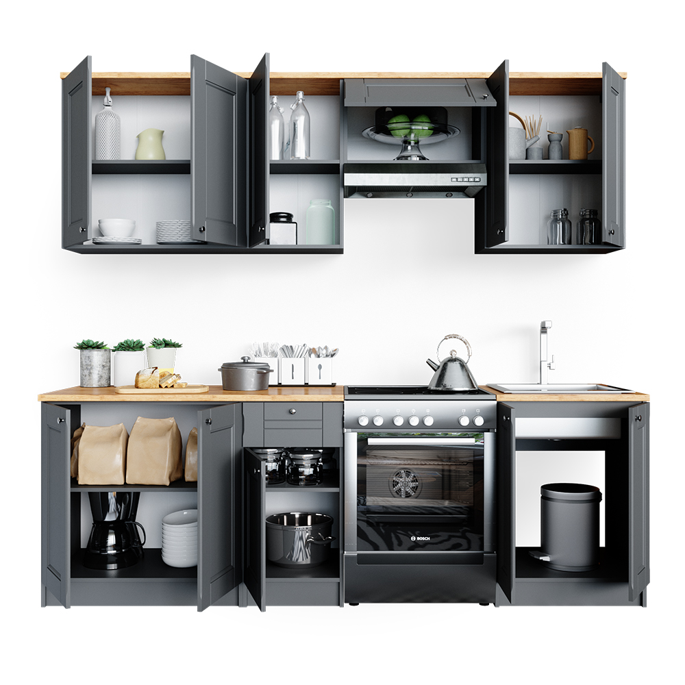Küchenzeile "Bergamo" Grau 240 cm mit Arbeitsplatte Vicco