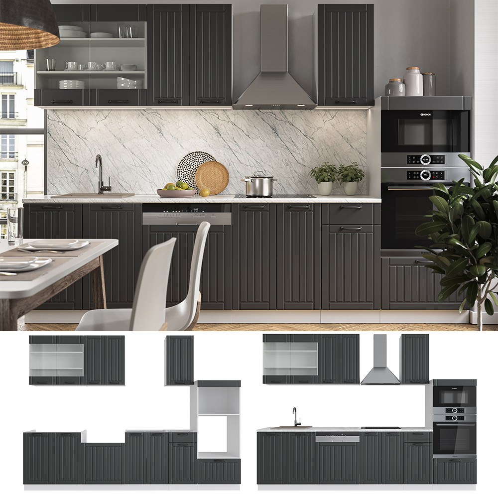 Küchenzeile "Fame-Line" Anthrazit Landhaus/Weiß 300 cm mit Hochschrank, ohne Arbeitsplatte Vicco
