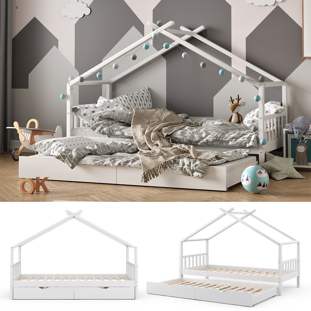 lit cabane "Design", Blanc, 208 x 97 cm avec lit d'appoint, Vitalispa