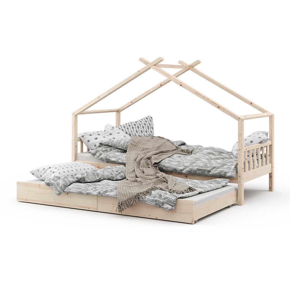 lit cabane "Design", Naturel bois, 208 x 97 cm avec lit d'appoint, Vitalispa