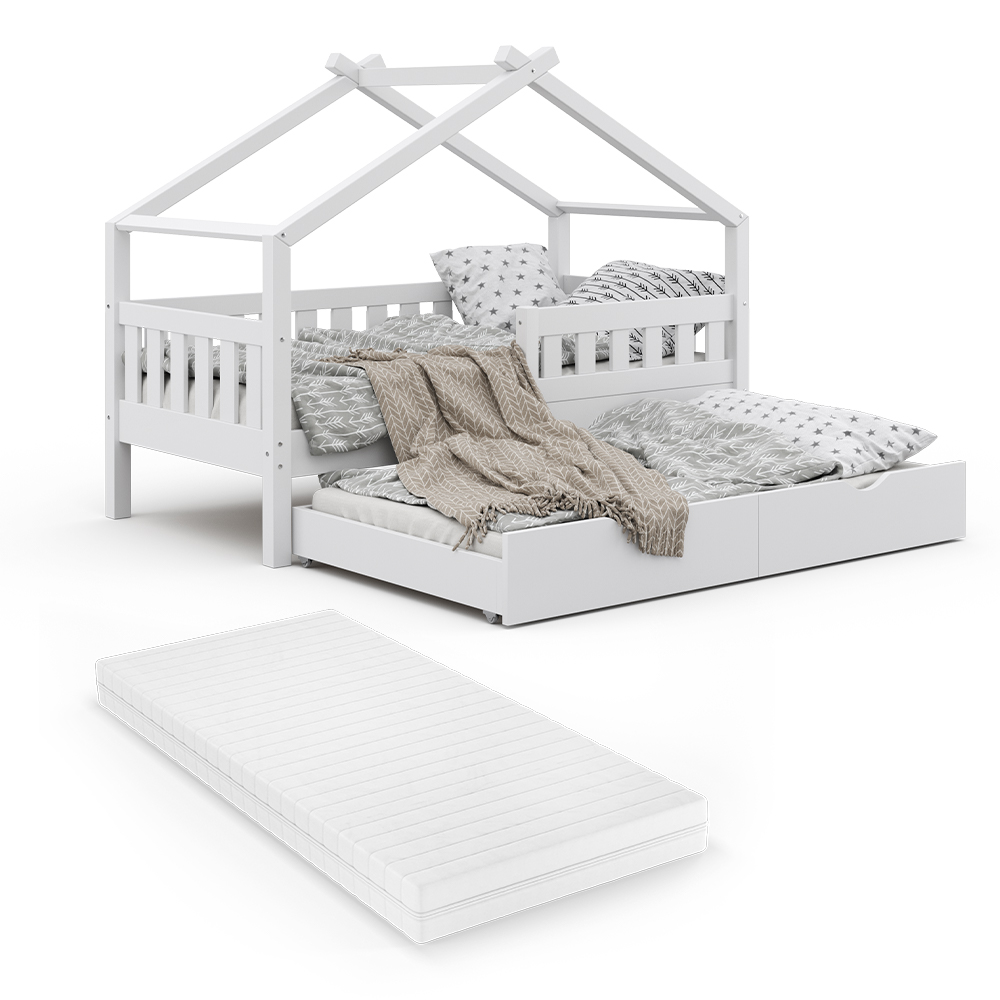 Hausbett "Design" Weiß 80x160 cm mit Gästebett und Matratze Vitalispa
