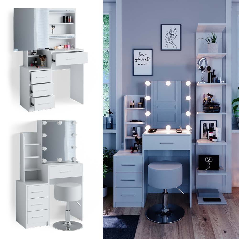 Sonni Make-uptafel met kruk en LED-verlichting wit commode met Hollywoodspiegel met lampen, kaptafel met spiegel, cosmeticatafel 108 x 40 x 140 cm