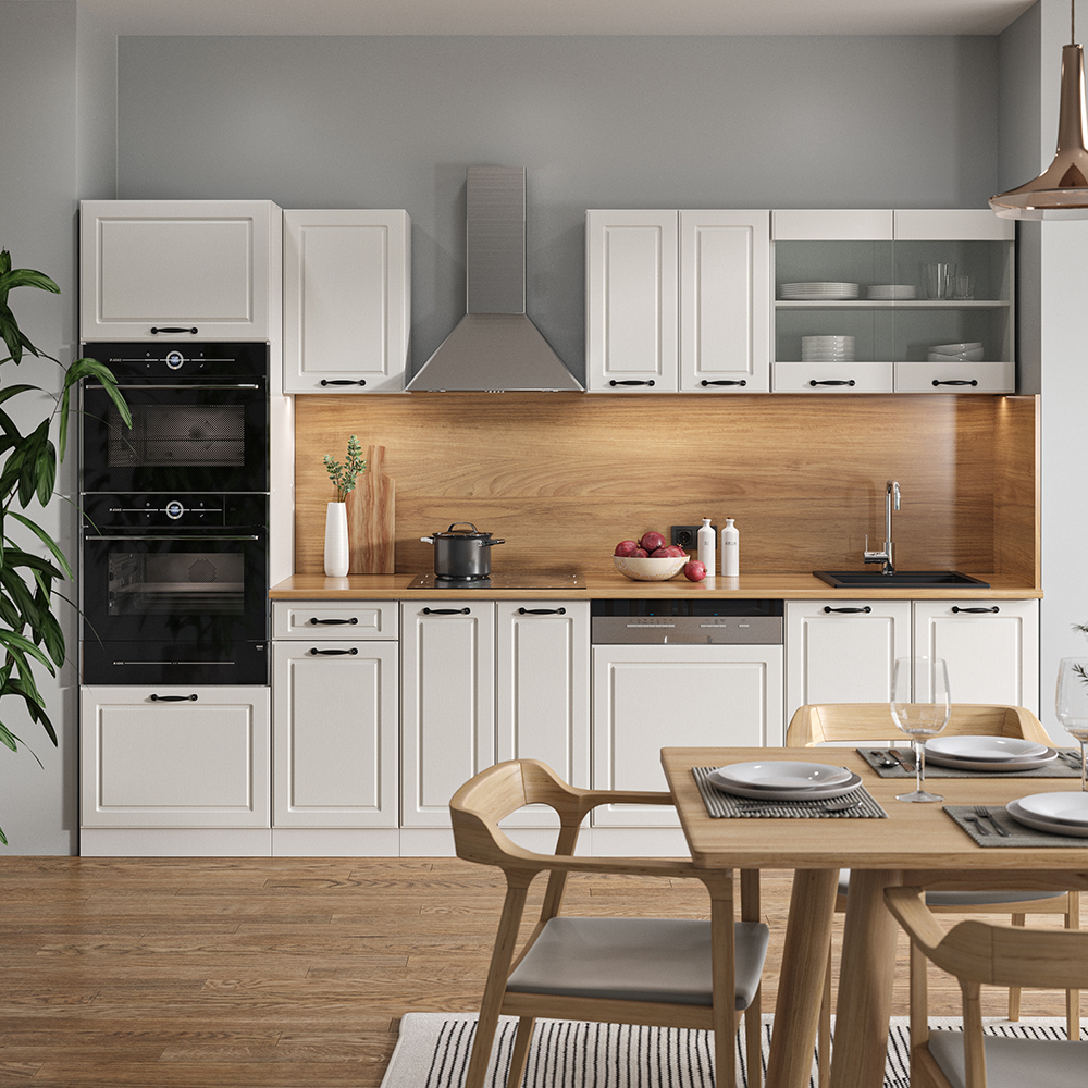 Küchenzeile "R-Line" Weiß Landhaus/Weiß 300 cm mit Hochschrank, ohne Arbeitsplatte Vicco