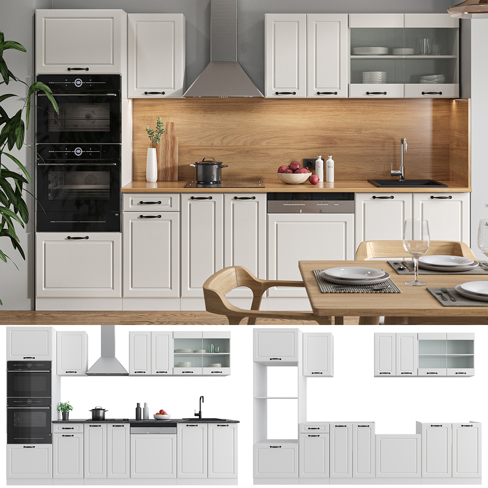Küchenzeile "R-Line" Weiß Landhaus/Weiß 300 cm mit Hochschrank, ohne Arbeitsplatte Vicco