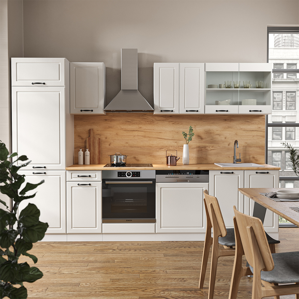 Küchenzeile "R-Line" Weiß Landhaus/Weiß 300 cm ohne Arbeitsplatte Vicco