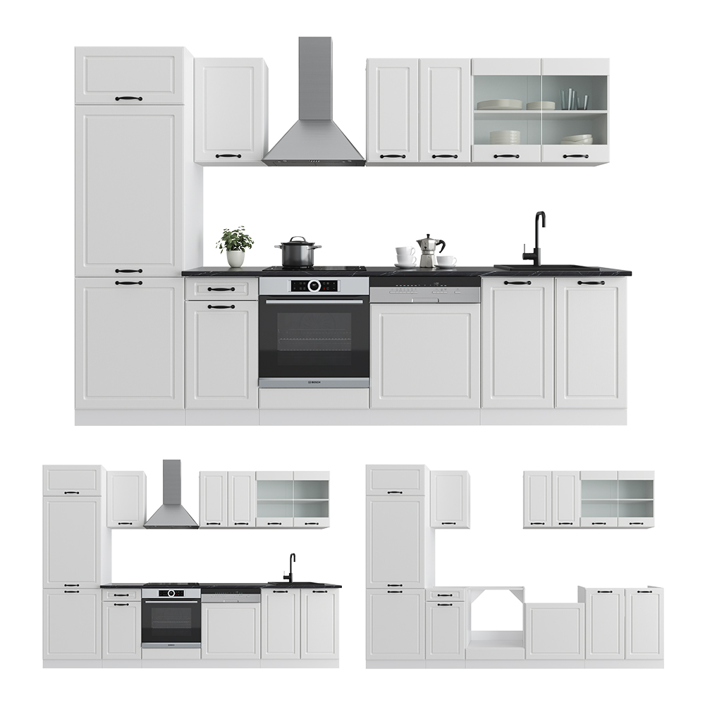 Küchenzeile "R-Line" Weiß Landhaus/Weiß 300 cm ohne Arbeitsplatte Vicco