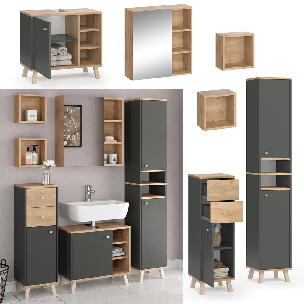 Vicco Ensemble De Meubles De Salle De Bain Jshape, 2 Parties, Gris, Chêne
