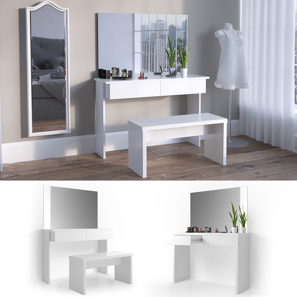 Coiffeuse "Azur" Blanc brillant table avec miroir et banc Vicco